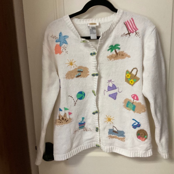 Talbots Sweaters - White Women's Beach Motif Button-Up Sweater Cardigan